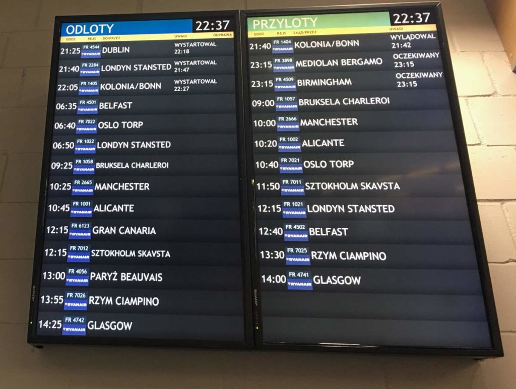 painel com os próximos voos da Ryanair